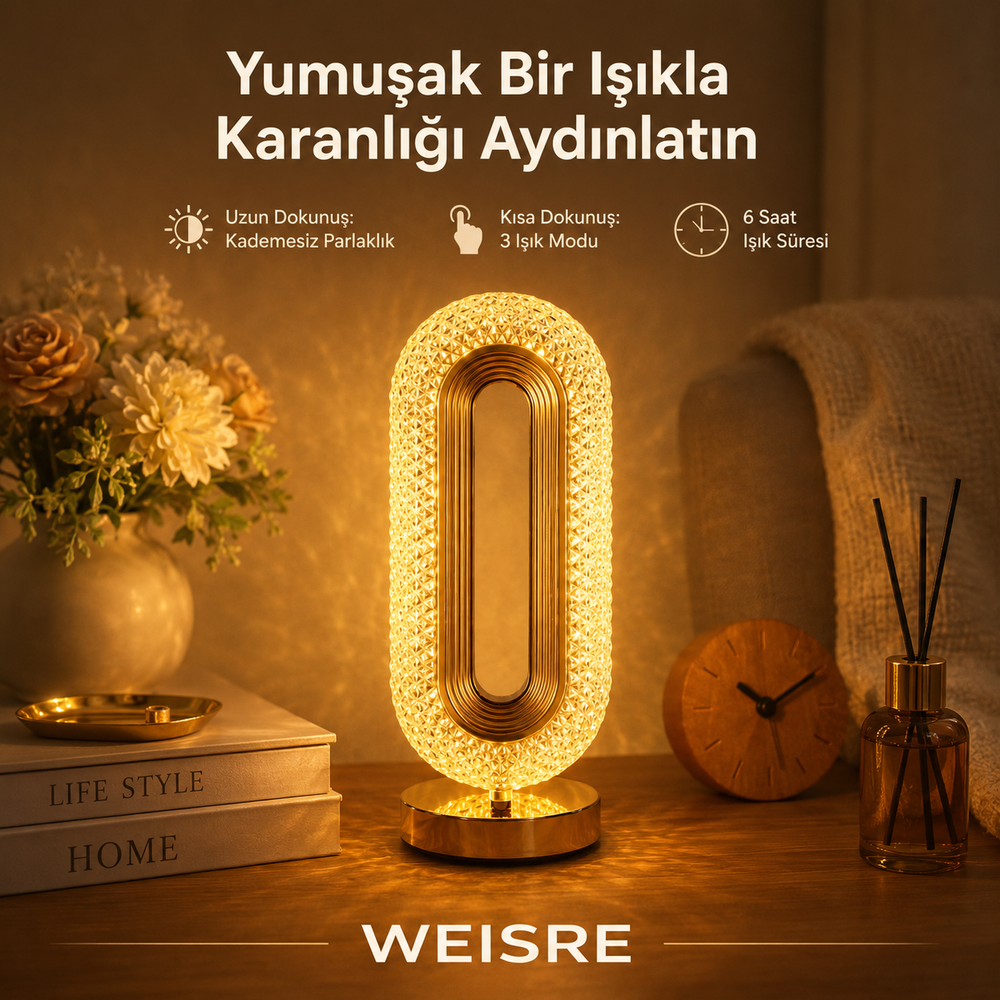 Kristal Masa Lambası - Altın Oval - görsel 1