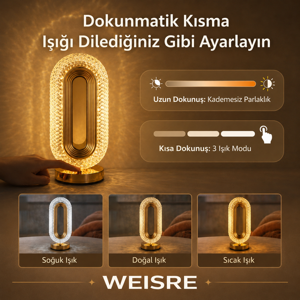 Kristal Masa Lambası - Altın Oval - görsel 3