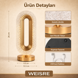 Kristal Masa Lambası - Altın Oval - görsel 5