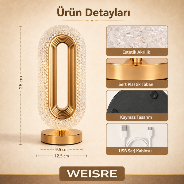 Kristal Masa Lambası - Altın Oval - görsel 5