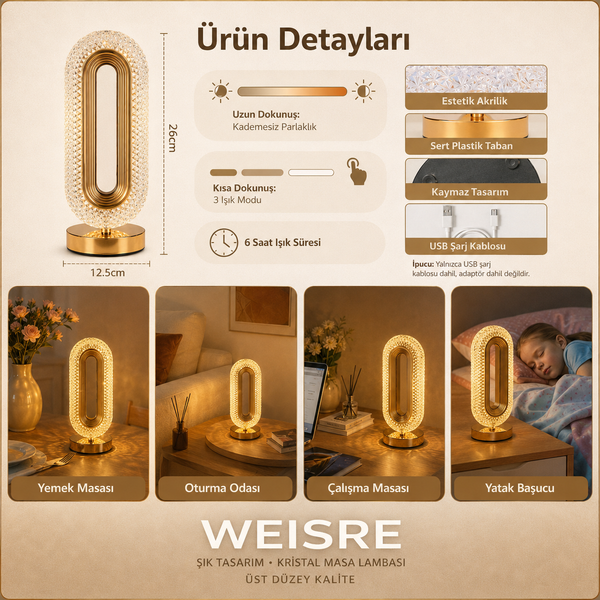 Kristal Masa Lambası - Altın Oval - görsel 6